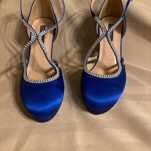 Elegant Blue Satin Women's Shoes with Rhinestone Detailing